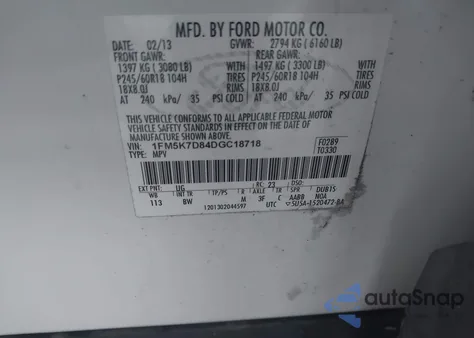 2013 Ford Explorer Xlt z USA, uszkodzony, nr VIN 1FM5K7D84DGC18718